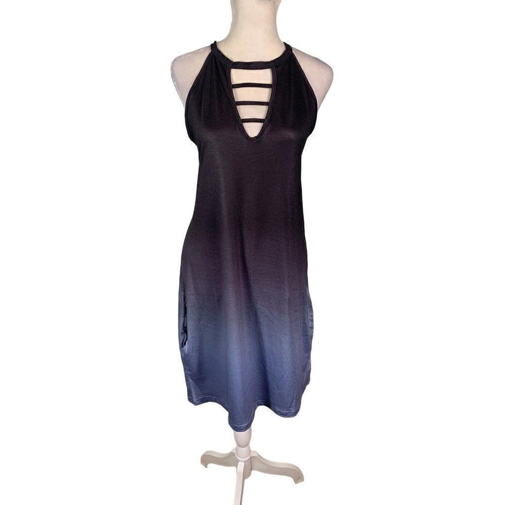 Casual Blue Gray Ombre Slip Dress L Halter Stretch Lounge Pockets